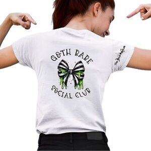 Goth Babe Social Club White & Black Graphic T Shirt Stripe & Lime Green Bow